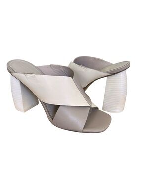 MERCEDES CASTILLO HAE-HG Leather Mule Heels – Cream Taupe Block Heel Sandals 7